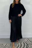 Khaki Long Sleeve Ribbed Knit Top and High Waist Pleated Skirt Sweater Maxi Dress Perfect for Office or Casual Wear