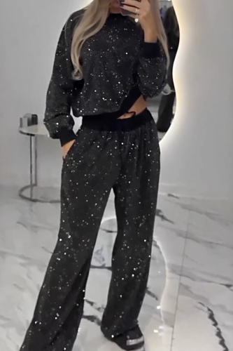 Black Sportwear Sequined Round Neck Long Sleeve Sweatshirt and Draw String Sweatpants Fall Winter Two Pieces Sweatsuit Sets