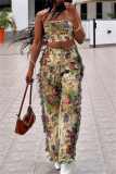 Multicolor Vacation Casual Floral Print Lace Up Strapless Sleeveless Tube Tops and Tassel Trim Straight Leg Cargo Pants Two Pieces Sets