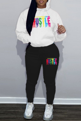 White Black Sportwear Letter Print Hooded Long Sleeve Sweatshirt and Sweatpants Fall Winter Two Pieces Sweatsuits Sets