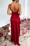 Apricot Sleeveless Backless One-Shoulder Ruched Waist High Thigh Slit Evening Party Bodycon Satin Maxi Dress