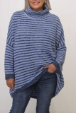 Blue Loose Casual Deer Plush Stripe Contrast Turtleneck Long Sleeve Fall Winter Tops Sweater Blouses