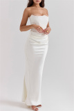 Black Sleeveless Off Shoulder Strapless Backless Formal Floor Length Formal Party Ruched Bodycon Prom Maxi Satin Dress