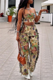 Multicolor Vacation Casual Floral Print Lace Up Strapless Sleeveless Tube Tops and Tassel Trim Straight Leg Cargo Pants Two Pieces Sets