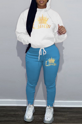 White Blue Sportwear Letter Print Hooded Long Sleeve Sweatshirt and Sweatpants Fall Winter Two Pieces Sweatsuits Sets