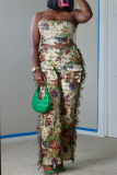 Multicolor Vacation Casual Floral Print Lace Up Strapless Sleeveless Tube Tops and Tassel Trim Straight Leg Cargo Pants Two Pieces Sets