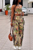 Multicolor Vacation Casual Floral Print Lace Up Strapless Sleeveless Tube Tops and Tassel Trim Straight Leg Cargo Pants Two Pieces Sets