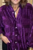 Purple Pleuche Loose Casual Button up Turndown Collar Long Sleeve Tops Shirts