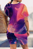 Purple Pink Casual Tie Dye Round Neck Short Sleeve T-shirt and Skinny Shorts Two Pieces Matching Sets