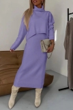Green Casual Turtleneck Long Sleeve Tops and Wrap Skirts Fall Winter Sweater Two Pieces Dress Sets