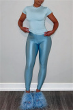 Blue Skinny Casual Round Neck Short Sleeve T-shirt and Pencil Pants Two Pieces Matching Sets