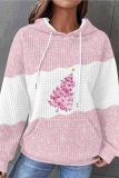 Dark Pink Casual Christmas Tree Print Contrast Draw String Hooded Collar Long Sleeve Fall Winter Sweatshirts Tops