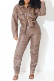 Brown PU Leather Casual Pocket Button up Turndown Collar Long Sleeve Jacket and Ruched Pants Two Pieces Sets