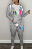 Red Sportwear Skinny Letter Print Pocket Hooded Zipper Collar Long Sleeve Jacket and Sweatpant Fall Winter Two Pieces Sweatsuits Sets