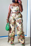Multicolor Vacation Casual Floral Print Lace Up Strapless Sleeveless Tube Tops and Tassel Trim Straight Leg Cargo Pants Two Pieces Sets