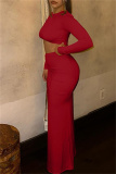 Red Bodycon Party Club Slit Ruched Round Neck Long Sleeve Crop Tops and Maxi Wrap Skirts Two Pieces Dress Sets