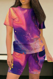 Purple Pink Casual Tie Dye Round Neck Short Sleeve T-shirt and Skinny Shorts Two Pieces Matching Sets