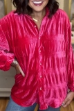 Purple Pleuche Loose Casual Button up Turndown Collar Long Sleeve Tops Shirts