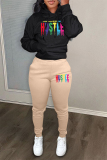 Khaki Sportwear Casual Letter Print Hooded Long Sleeve Sweatshirt and Sweatpants Fall Winter Two Pieces Sweatsuits Sets