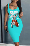 Light Blue Christmas Party Dress Santa Claus Deer Print U Neck Sleeveless Knee Length Bodycon Vest Midi Dresses