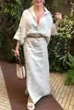 White Loose Vacation Casual With Belt Turndown Collar Three Quarter Flare Sleeve Shirts and Long Slit Skirts Two Pieces Dress Sets