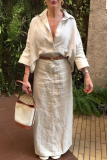 White Loose Vacation Casual With Belt Turndown Collar Three Quarter Flare Sleeve Shirts and Long Slit Skirts Two Pieces Dress Sets
