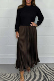 Khaki Long Sleeve Ribbed Knit Top and High Waist Pleated Skirt Sweater Maxi Dress Perfect for Office or Casual Wear