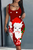 Light Blue Christmas Party Dress Santa Claus Deer Print U Neck Sleeveless Knee Length Bodycon Vest Midi Dresses