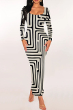Light Khaki Zebra Print U Neck Long Sleeve Ankle Length Casual Outing Bodycon Pencil Maxi Dress