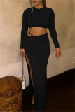 Red Bodycon Party Club Slit Ruched Round Neck Long Sleeve Crop Tops and Maxi Wrap Skirts Two Pieces Dress Sets
