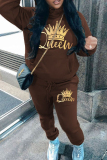 Grey Sportwear Casual Letter Print Hooded Long Sleeve Sweatshirt and Sweatpants Fall Winter Two Pieces Sweatsuits Sets