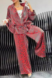 Black Casual Leopard Draw String Zipper Turndown Collar Long Sleeve Jacket and Wide Leg Pants Two Pieces Sets