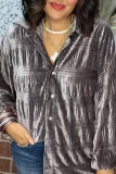 Purple Pleuche Loose Casual Button up Turndown Collar Long Sleeve Tops Shirts