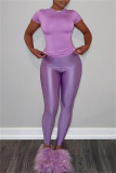 Blue Skinny Casual Round Neck Short Sleeve T-shirt and Pencil Pants Two Pieces Matching Sets