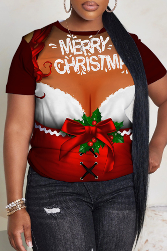 White Brown Christmas Casual Imitation Cotton Letter Print Round Neck Short Sleeve T-Shirts Tops