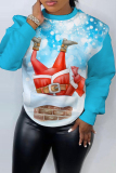Sky Blue Christmas Casual Letter Santa Claus Print Round Neck Long Sleeve Fall Winter Sweatshirts Tops