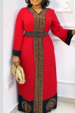 Black African Ethnic Print V Neck Long Sleeves Front Hot Drill Embroidery Decor Belted Waist Straigh Loose Religious Gatherings Abaya Maxi Dress