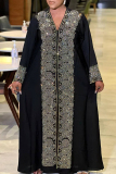Black Embellished Deep V Neck Hot Drill Open Front Long Sleeve Evening Wear Straight Loose Kaftan Maxi Dress