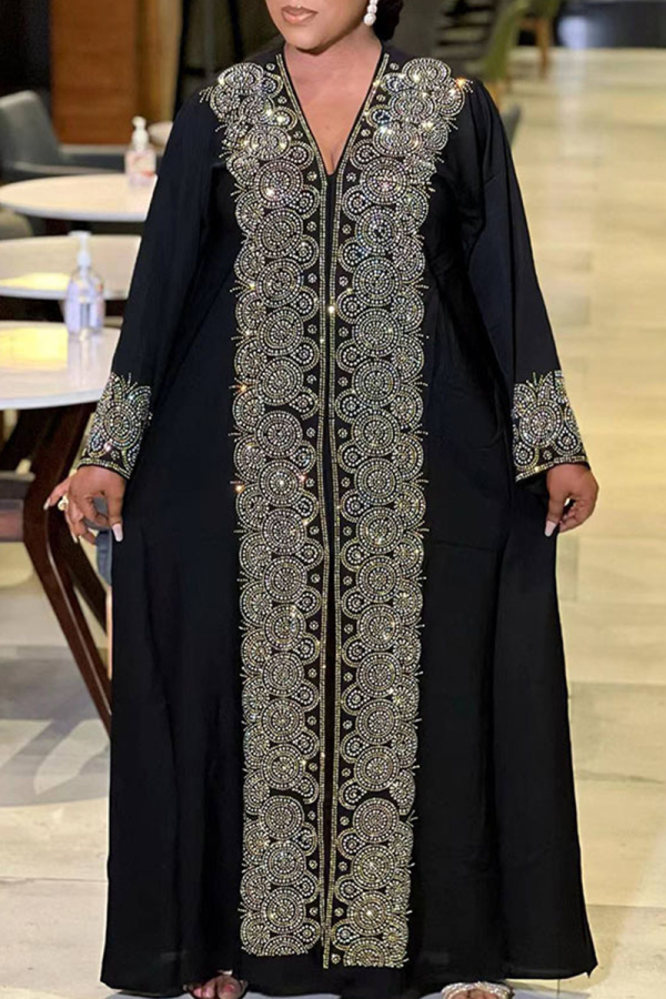 Black Embellished Deep V Neck Hot Drill Open Front Long Sleeve Evening Wear Straight Loose Kaftan Maxi Dress