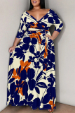 Black Floral Print V Neck 3/4 Sleeve Lace Up Casual Outing Plus Size Straight Loose Maxi Dresses