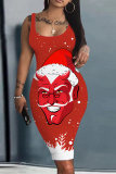 Light Blue Christmas Party Dress Santa Claus Deer Print U Neck Sleeveless Knee Length Bodycon Vest Midi Dresses