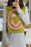 Yellow Casual Smiley Face Weave Contrast Round Neck Sleeveless Knitted Tank Tops Vest