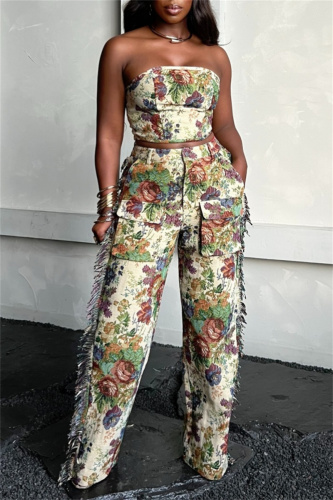 Multicolor Vacation Casual Floral Print Lace Up Strapless Sleeveless Tube Tops and Tassel Trim Straight Leg Cargo Pants Two Pieces Sets