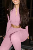 Pink Skinny Sportwear Gym Casual Plaid Buckle Zip-up Turndown Collar Long Sleeve Jacket and Leggings Two Pieces Sweatsuit Sets
