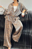 Black Casual Leopard Draw String Zipper Turndown Collar Long Sleeve Jacket and Wide Leg Pants Two Pieces Sets