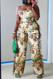 Multicolor Vacation Casual Floral Print Lace Up Strapless Sleeveless Tube Tops and Tassel Trim Straight Leg Cargo Pants Two Pieces Sets