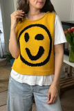 Yellow Casual Smiley Face Weave Contrast Round Neck Sleeveless Knitted Tank Tops Vest