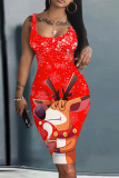 Light Blue Christmas Party Dress Santa Claus Deer Print U Neck Sleeveless Knee Length Bodycon Vest Midi Dresses