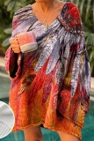 Blue Christmas Loose Casual Print V Neck Long Sleeve Sweater Tops