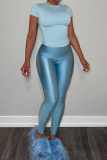 Blue Skinny Casual Round Neck Short Sleeve T-shirt and Pencil Pants Two Pieces Matching Sets